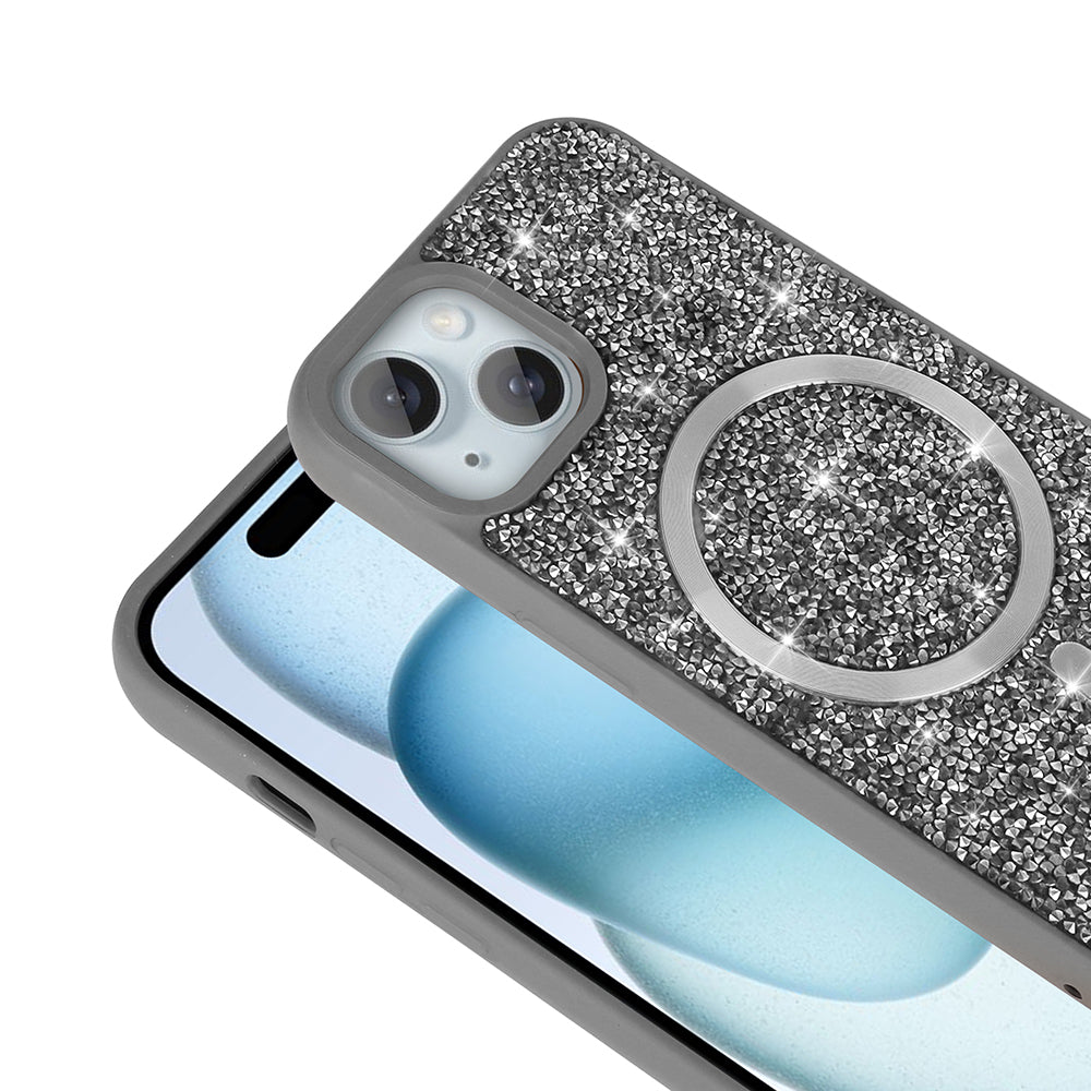 Apple iPhone 13 Kılıf Pırlanta Tasarımlı M-safe Şarj Özellikli Zore Mozaik Silikon Kapak Titanyum-Gri