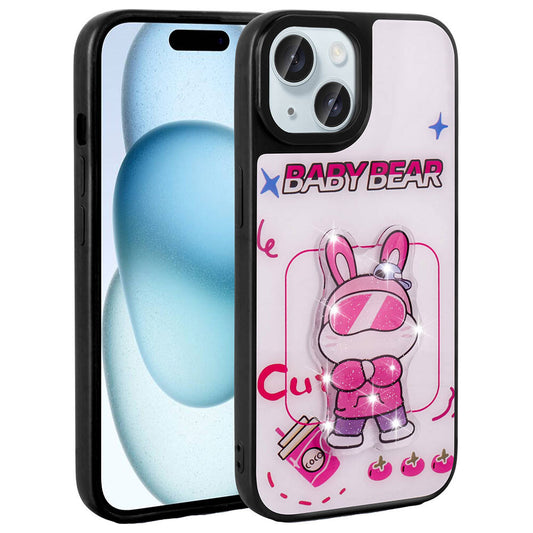 Apple iPhone 14 Kılıf Parlayan Kabartmalı İkonik Figürlü Zore Amas Silikon Kapak Pembe