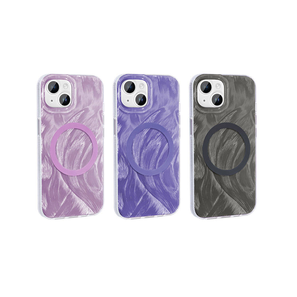 Apple iPhone 14 Plus Kılıf M-safe Şarj Özellikli Fırça Boya Desenli Zore Palet Kapak Mor