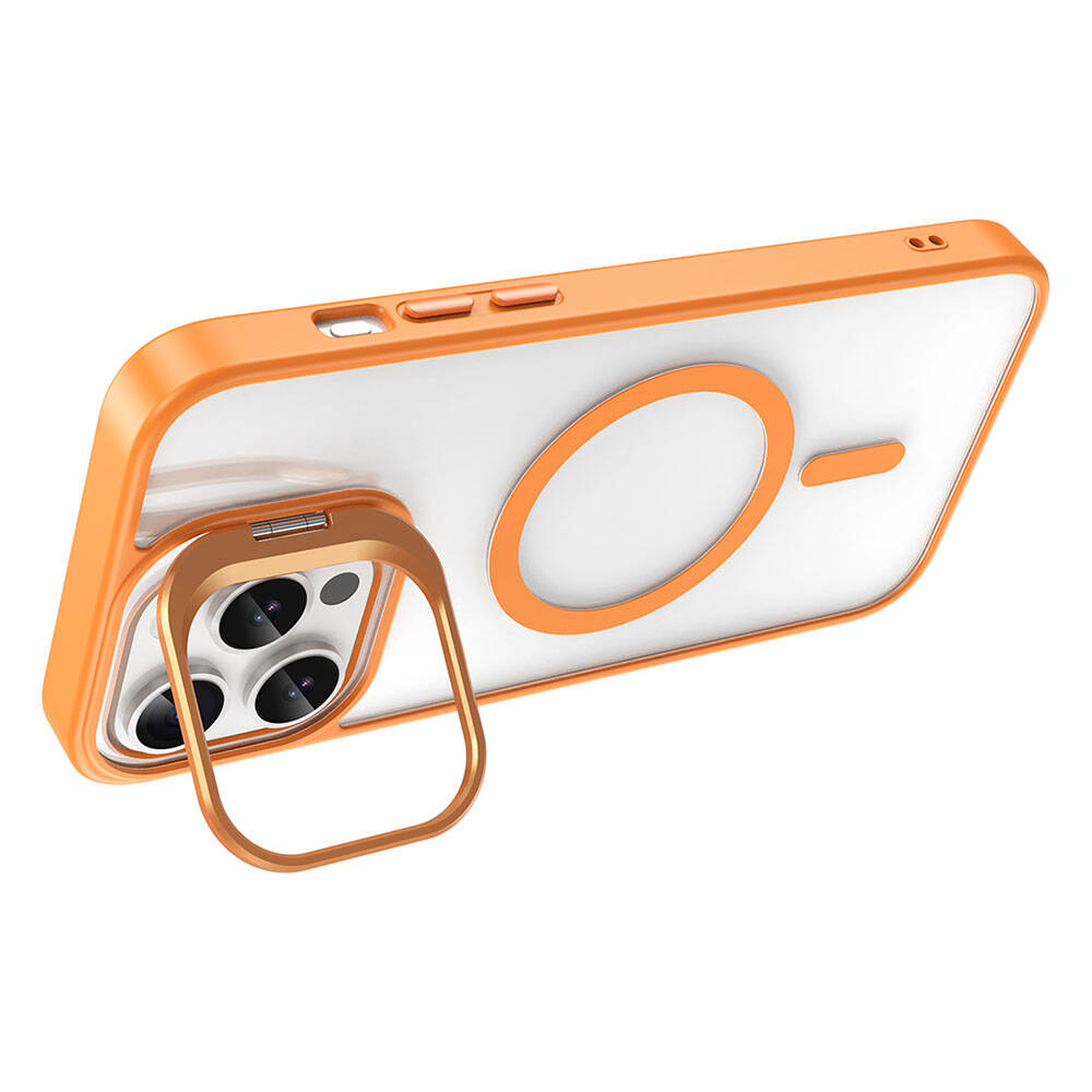 Apple iPhone 14 Pro Kılıf M-safe Şarj Özellikli Standlı Zore M-safe Klon Lensli Kapak Turuncu