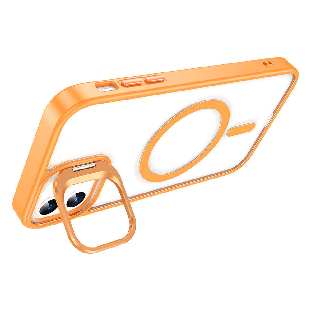 Apple iPhone 15 Kılıf M-safe Şarj Özellikli Standlı Zore M-safe Klon Lensli Kapak Turuncu