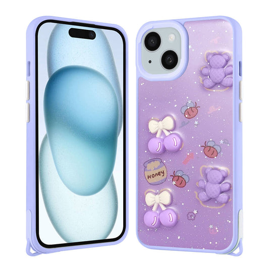 Apple iPhone 15 Kılıf Parlayan Simli Kabartma Figürlü Zore Cevze Kapak Pembe