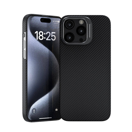 Apple iPhone 15 Pro Kılıf M-safe Şarj Özellikli 600D Kevlar Zore Krek Karbon Standlı Kapak Siyah