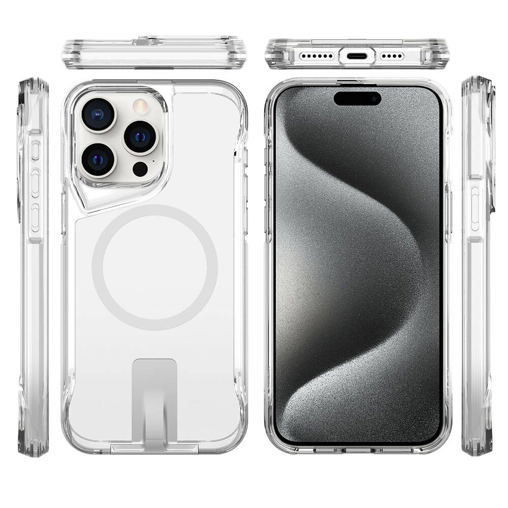 Apple iPhone 15 Pro Max Kılıf M-safe Şarj Özellikli Zore T-Max Standlı Kapak Renksiz