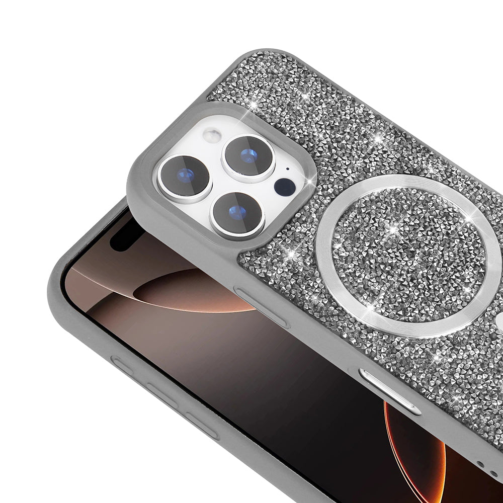 Apple iPhone 16 Pro Max Kılıf Pırlanta Tasarımlı M-safe Şarj Özellikli Zore Mozaik Silikon Kapak Titanyum-Gri