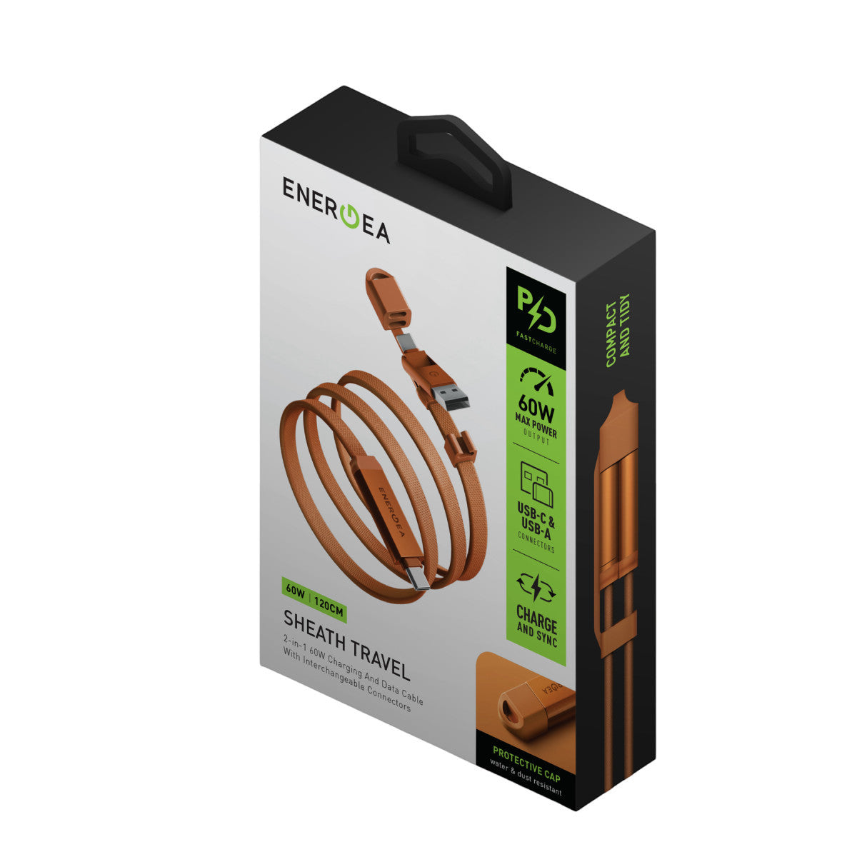 Energea Sheath Travel 1.2M 60W 2in1 Type-C to Type-C ve USB-A Hızlı Şarj Kablo