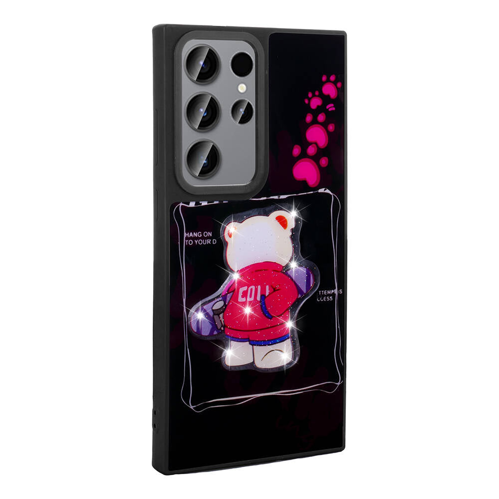 Galaxy S22 Ultra Kılıf Parlayan Kabartmalı İkonik Figürlü Zore Amas Silikon Kapak Pembe