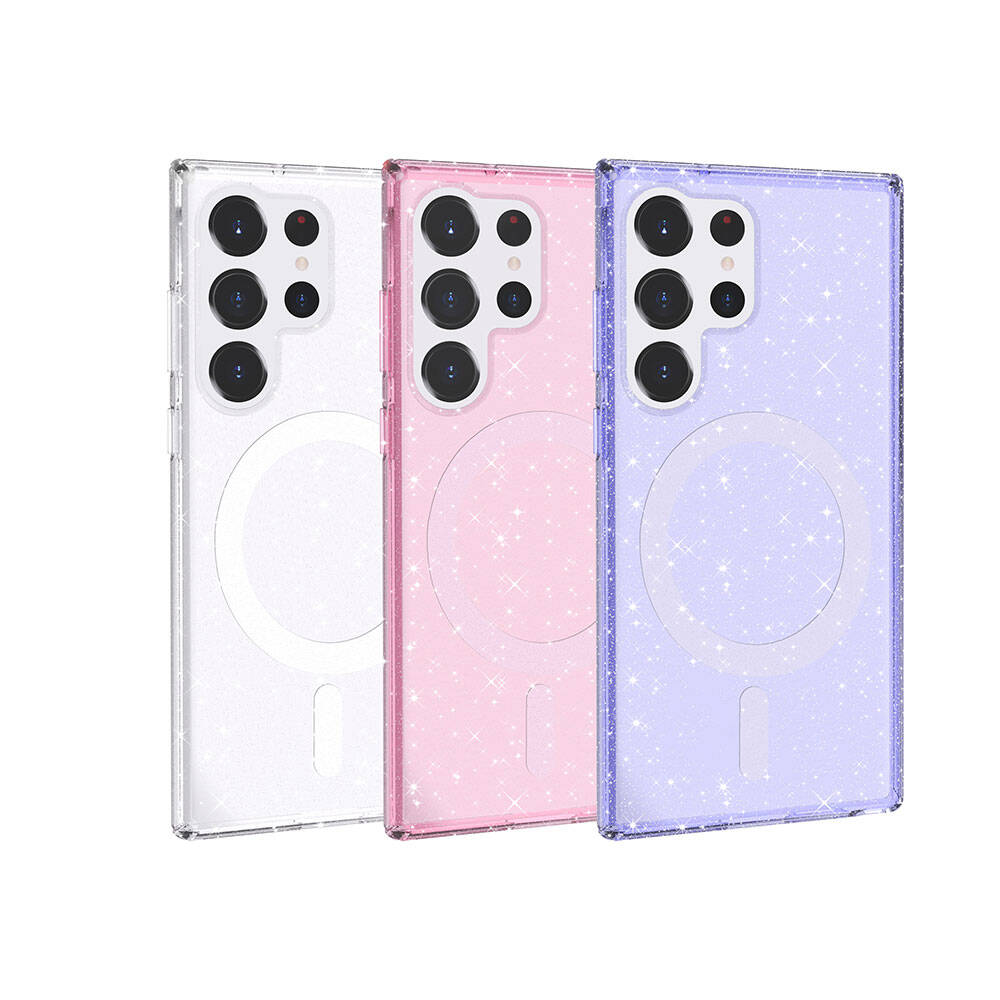 Galaxy S23 Ultra Kılıf M-safe Şarj Özellikli Parlayan Simli Saydam Renkli Zore Allstar Kapak Şeffaf