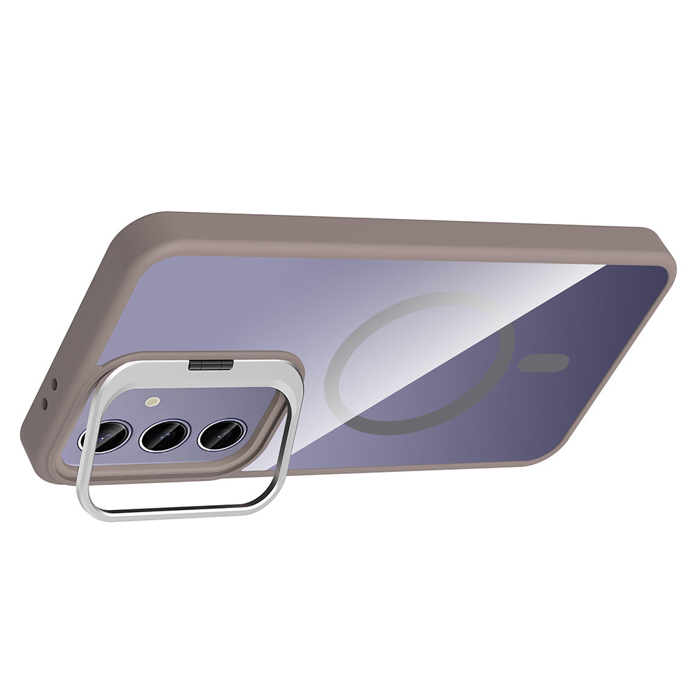 Galaxy S24 Plus Kılıf Standlı ve Kamera Lens Hediyeli M-Safe Şarj Özellikli Zore Etro Kapak Desert Titanyum