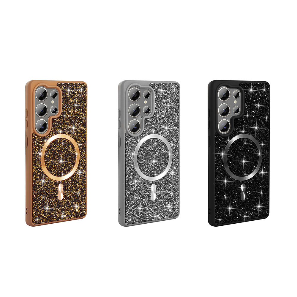 Galaxy S25 Ultra Kılıf Pırlanta Tasarımlı M-safe Şarj Özellikli Zore Mozaik Silikon Kapak Desert Titanyum