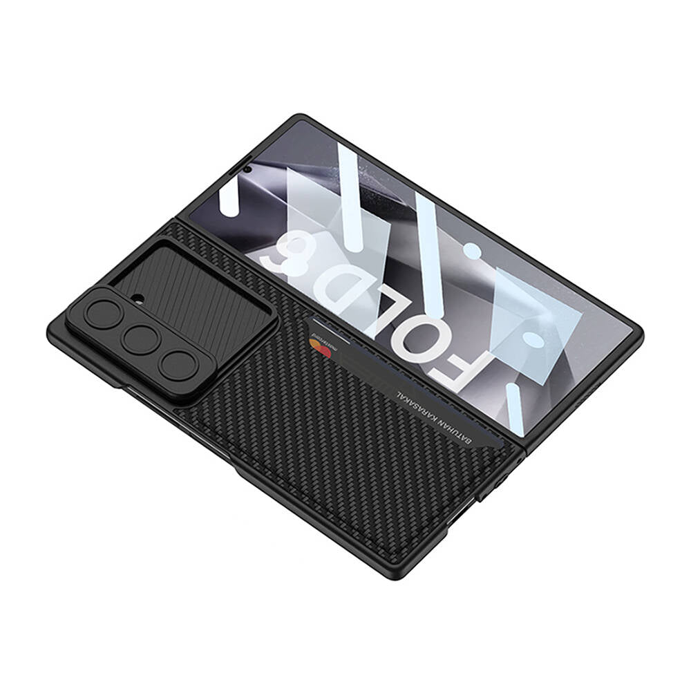 Galaxy Z Fold 6 Kılıf Kamera Korumalı Karbon Fiber Arka Yüzey Zore Kartlıklı Kıpta Sert Kapak Siyah
