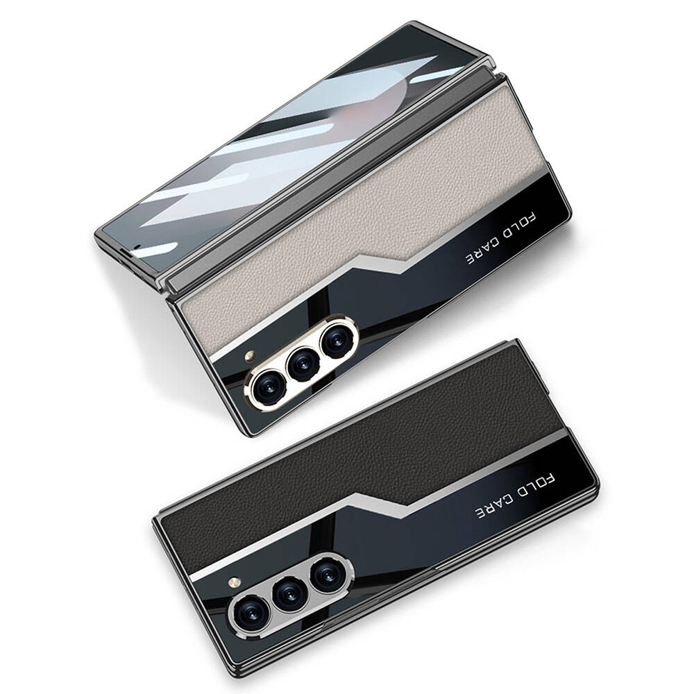 Galaxy Z Fold 6 Kılıf Ultra İnce Kamera Korumalı PC + Deri Arka Yüzey Zore Kıpta Poligan Kapak Titanyum-Gri