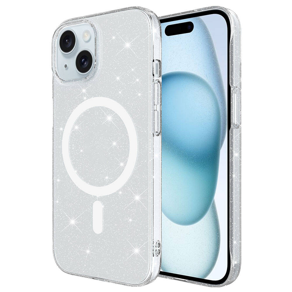 iPhone 15 Kılıf Zore M-safe Şarj Özellikli Simli Şeffaf Arka Yüzey Erdos Silikon Kapak