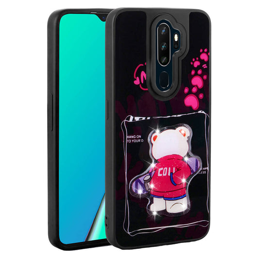 Oppo A5 2020 Kılıf Parlayan Kabartmalı İkonik Figürlü Zore Amas Silikon Kapak Pembe