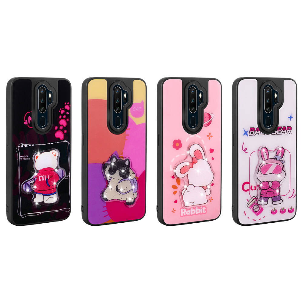 Oppo A9 2020 Kılıf Parlayan Kabartmalı İkonik Figürlü Zore Amas Silikon Kapak Mor