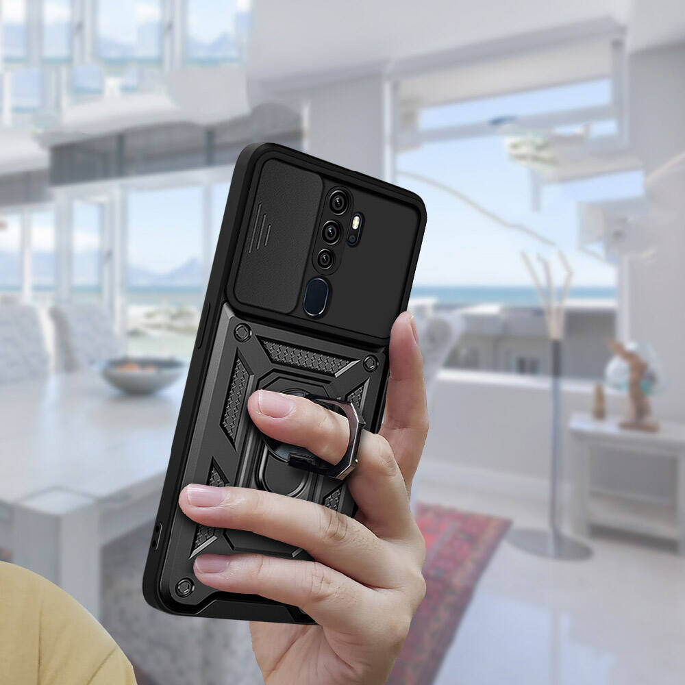 Oppo A9 2020 Kılıf Magnetik Standlı Kamera Korumalı Zore Sürgülü Vega Kapak Mavi