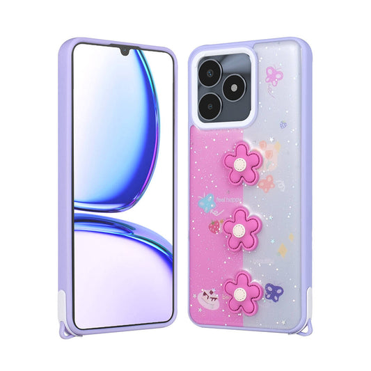 Realme C53 Kılıf Parlayan Simli Kabartma Figürlü Zore Cevze Kapak Pembe