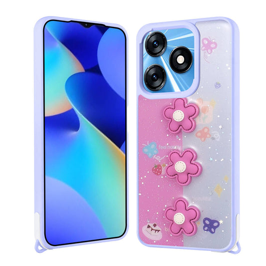 Tecno Spark 10 4G Kılıf Parlayan Simli Kabartma Figürlü Zore Cevze Kapak Mor Ayı