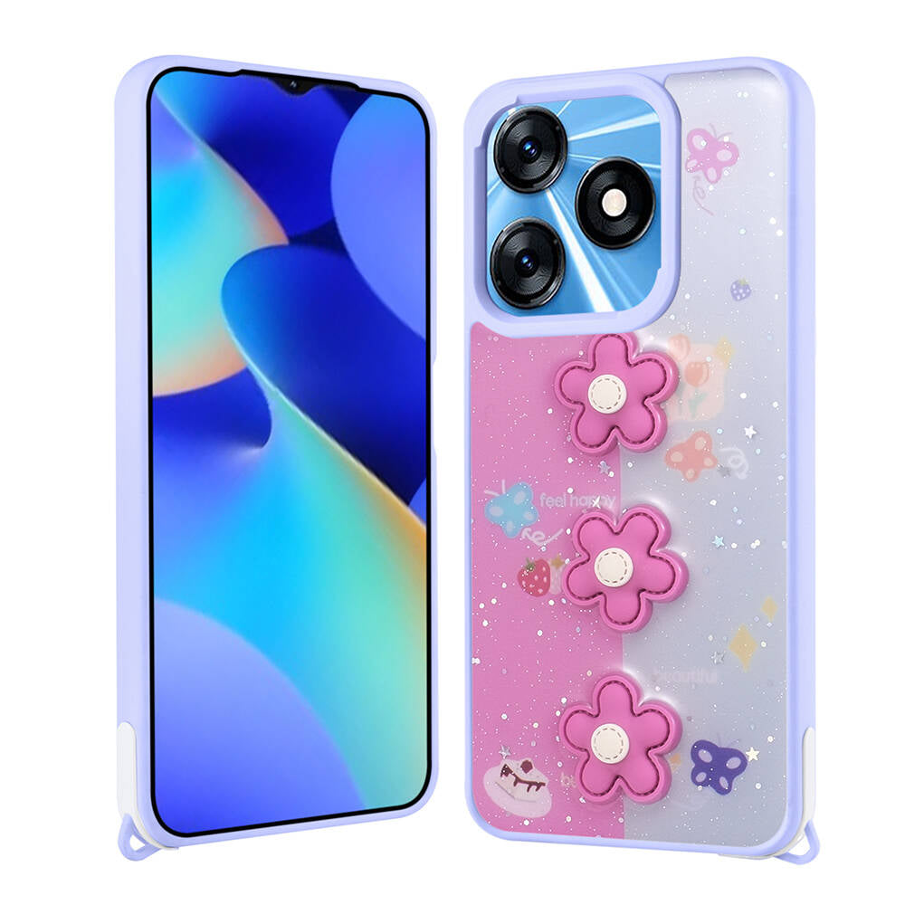 Tecno Spark 10 4G Kılıf Parlayan Simli Kabartma Figürlü Zore Cevze Kapak Beyaz