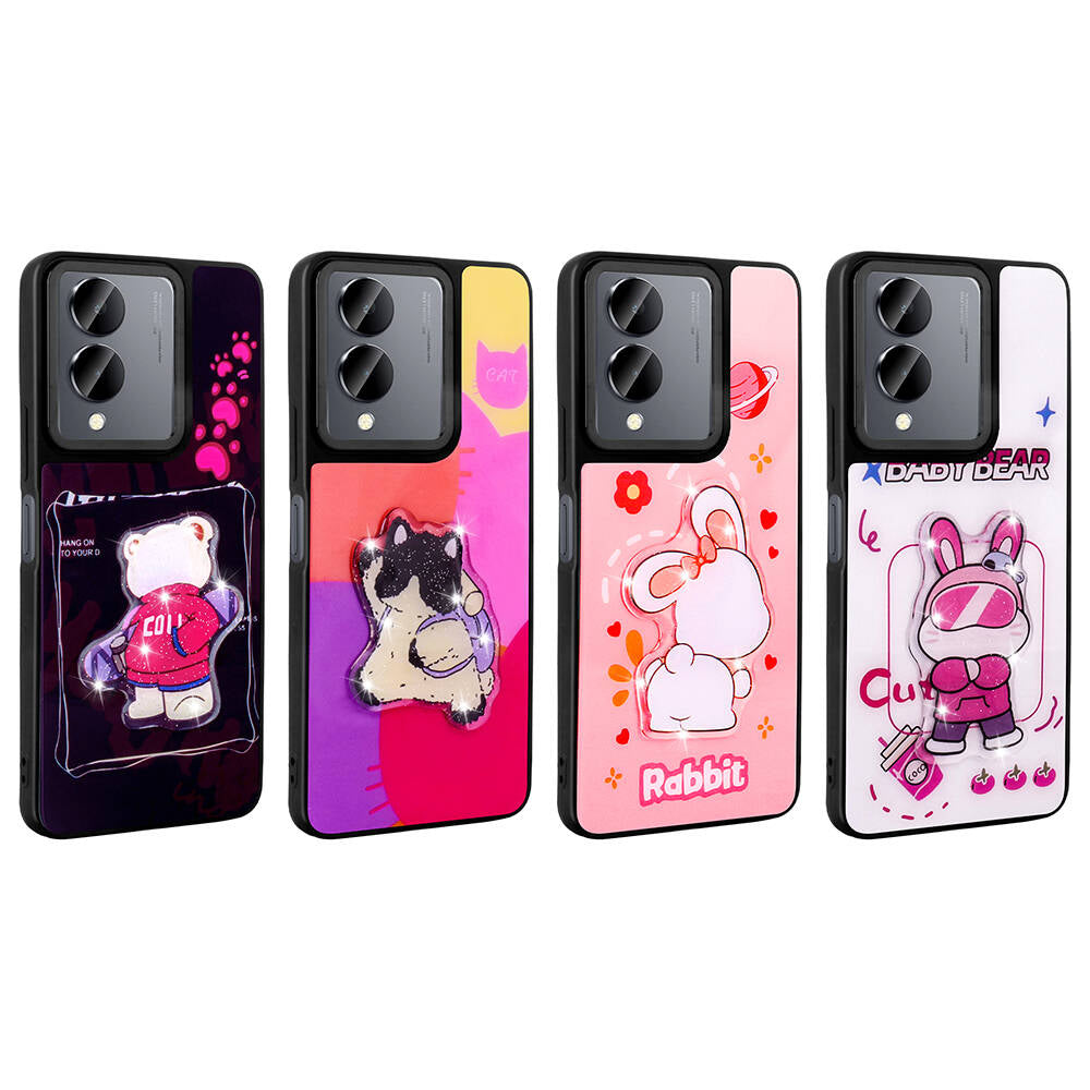 Vivo Y36 5G Kılıf Parlayan Kabartmalı İkonik Figürlü Zore Amas Silikon Kapak Mor