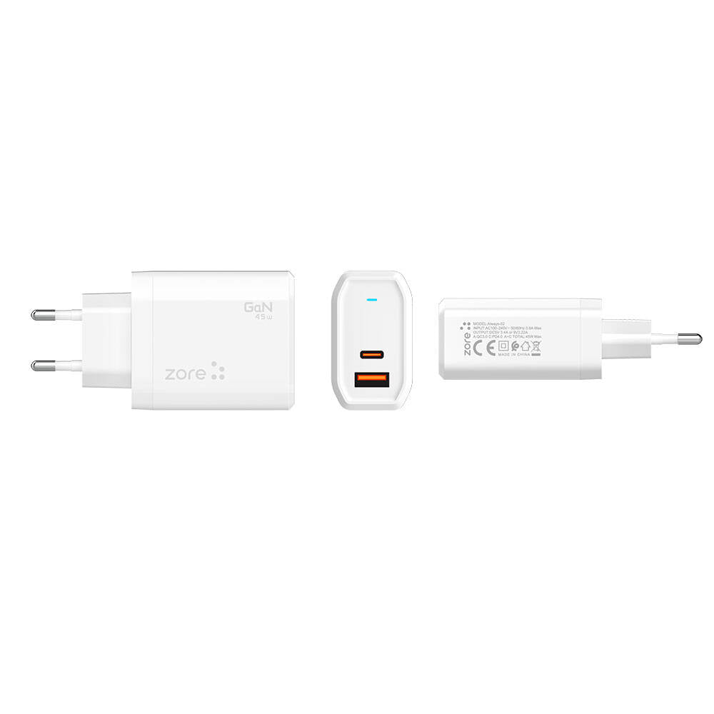 Zore Always-02 GaN Tech Type-C PD4.0 USB-A QC3.0 Hızlı Şarj Özellikli Seyahat Şarj Başlığı 45W Beyaz