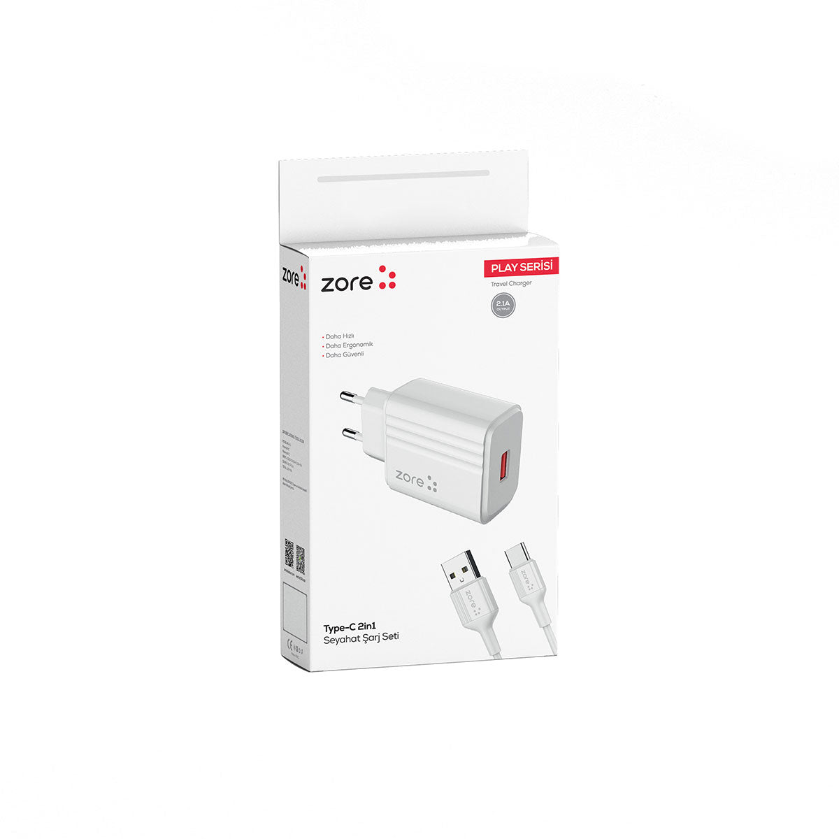 Zore Play Serisi PL1 Type-C 2in1 Seyahat Şarj Aleti 12W Beyaz