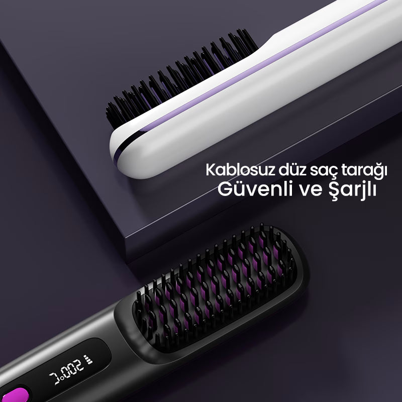 PLUZZ Saç Şekillendirici Fön Tarağı Şarjlı ve Taşınabilir İyonik ve Düzleştirici