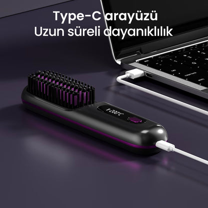 PLUZZ Saç Şekillendirici Fön Tarağı Şarjlı ve Taşınabilir İyonik ve Düzleştirici