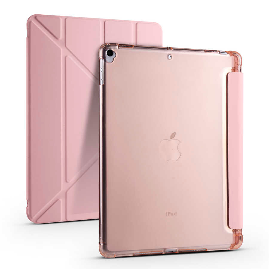 Apple iPad 10.2 2021 (9.Nesil) Kılıf Zore Tri Folding Kalem Bölmeli Standlı Kılıf Rose Gold