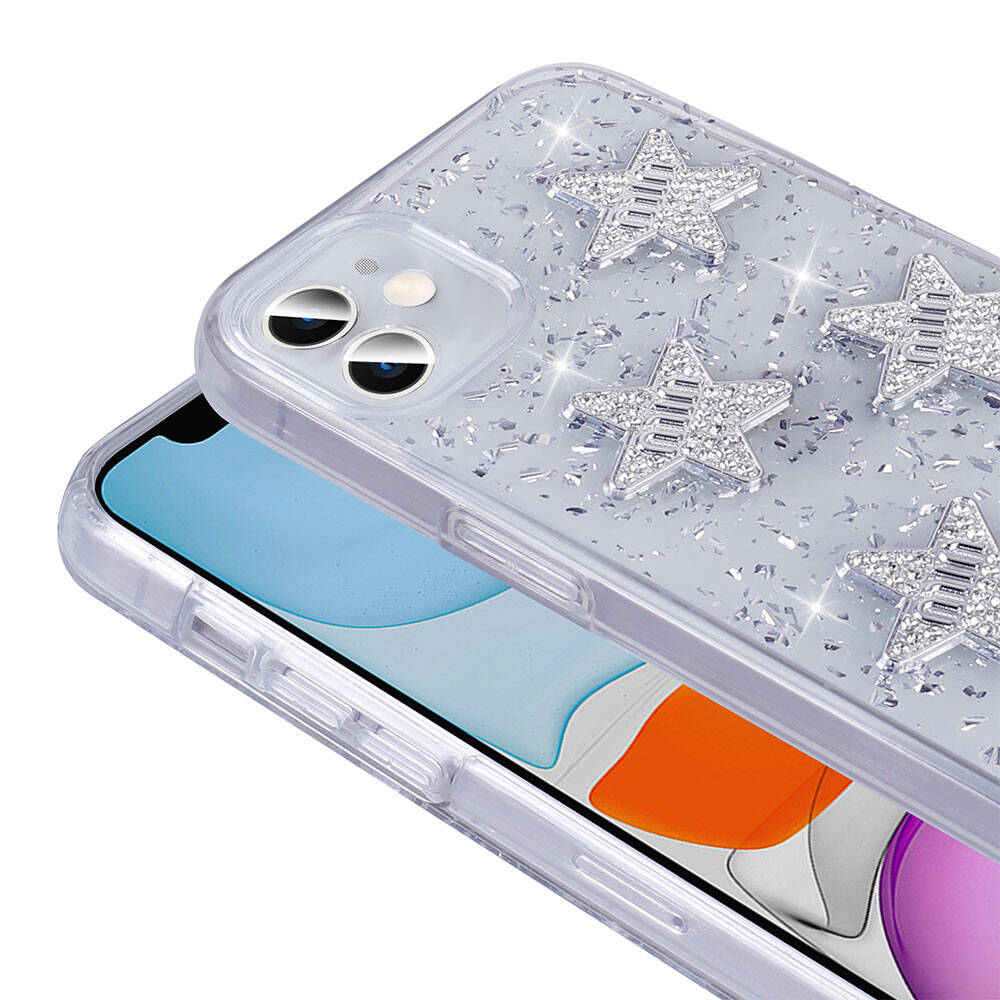 Apple iPhone 11 Kılıf Airbagli Simli Arka Yüzey Zore Işıltı Silikon Kapak Pembe