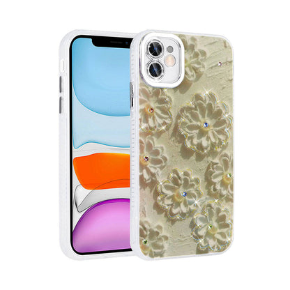 Apple iPhone 11 Kılıf Çiçek Desenli Parlak Taşlı Sert Silikon Zore Garden Kapak Beyaz