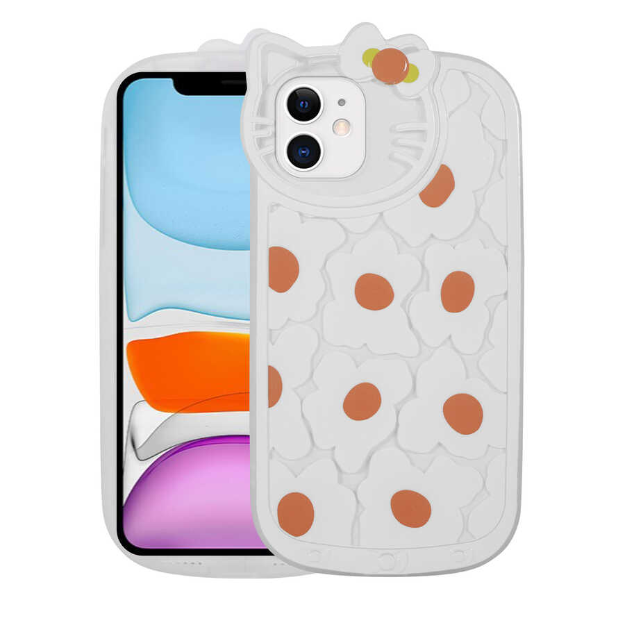 Apple iPhone 11 Kılıf Kedi Figürlü Transparan Sert Silikon Zore Kity Kapak Papatya