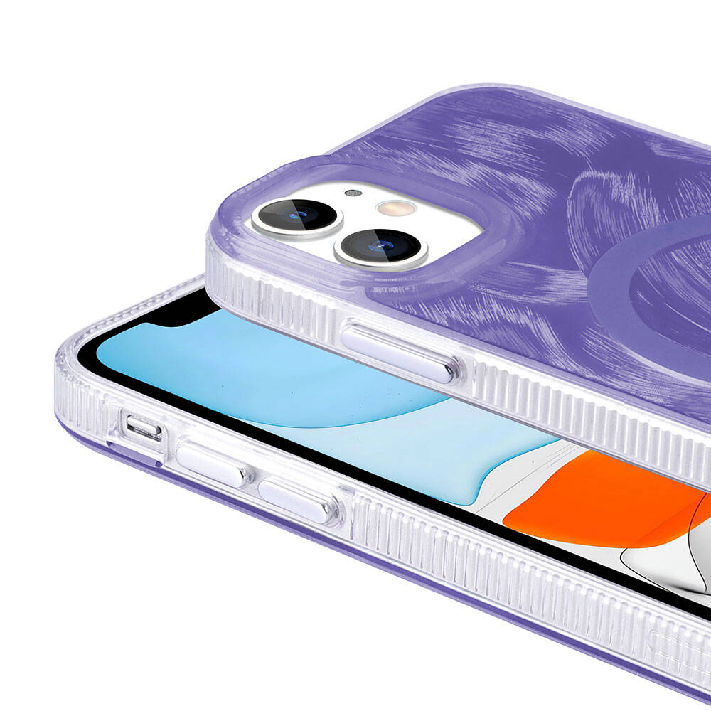 Apple iPhone 11 Kılıf M-safe Şarj Özellikli Fırça Boya Desenli Zore Palet Kapak Mor
