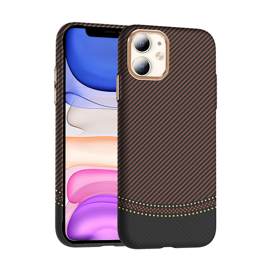 Apple iPhone 11 Kılıf M-safe Şarj Özellikli Karbon Fiber Görünümlü Zore Gros Kapak Gold-Siyah