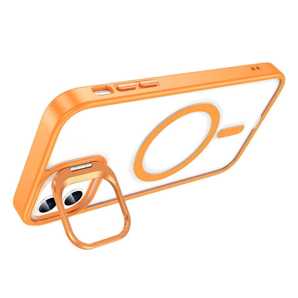 Apple iPhone 11 Kılıf M-safe Şarj Özellikli Standlı Zore M-safe Klon Lensli Kapak Turuncu