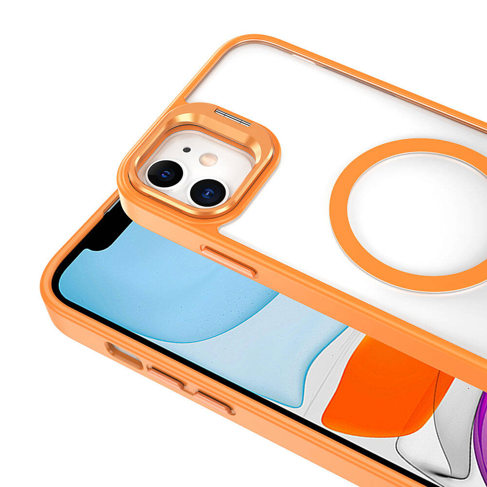 Apple iPhone 11 Kılıf M-safe Şarj Özellikli Standlı Zore M-safe Klon Lensli Kapak Turuncu