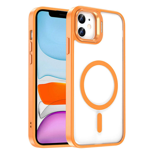 Apple iPhone 11 Kılıf M-safe Şarj Özellikli Standlı Zore M-safe Klon Lensli Kapak Turuncu