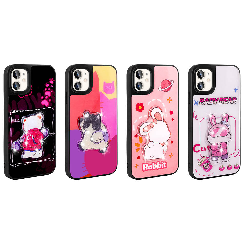 Apple iPhone 11 Kılıf Parlayan Kabartmalı İkonik Figürlü Zore Amas Silikon Kapak Pembe