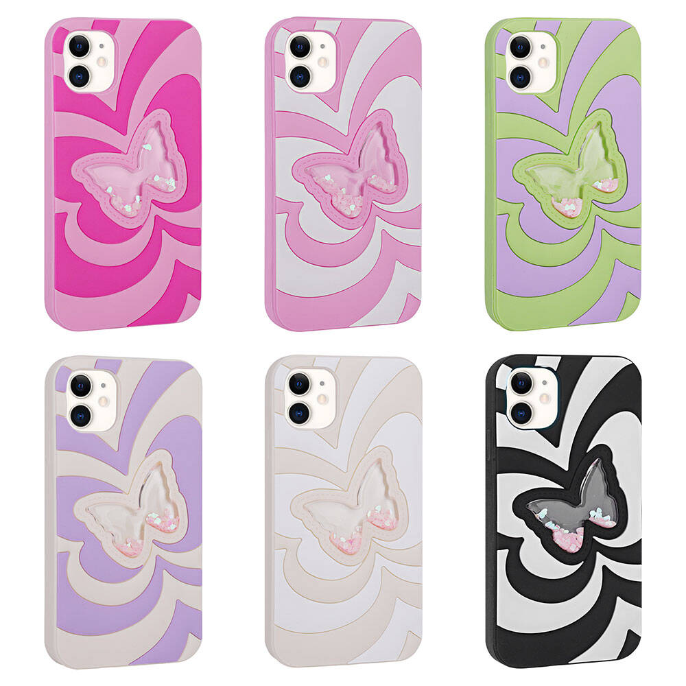 Apple iPhone 11 Kılıf Sıvılı Simli Kelebekli Tasarım Zore Vodena Kapak Yeşil