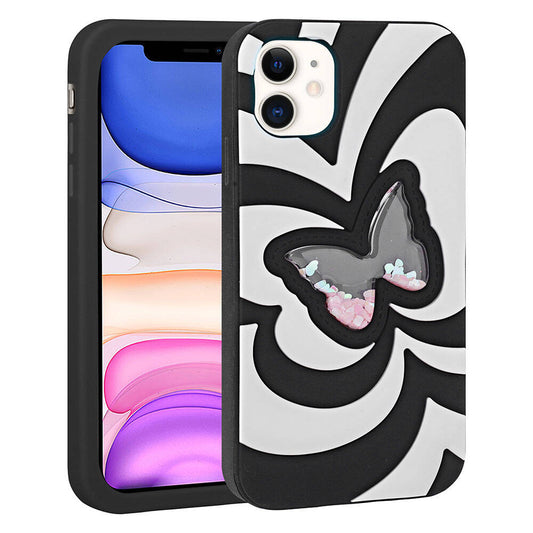 Apple iPhone 11 Kılıf Sıvılı Simli Kelebekli Tasarım Zore Vodena Kapak Siyah