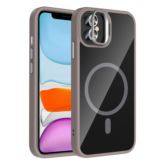 Apple iPhone 11 Kılıf Standlı ve Kamera Lens Hediyeli M-Safe Şarj Özellikli Zore Etro Kapak Gri