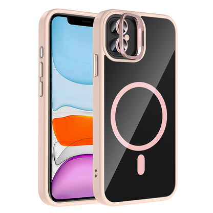 Apple iPhone 11 Kılıf Standlı ve Kamera Lens Hediyeli M-Safe Şarj Özellikli Zore Etro Kapak Pembe