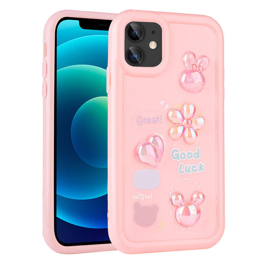 Apple iPhone 12 Kılıf Kabartma Figürlü Parlak Zore Toys Silikon Kapak Pembe