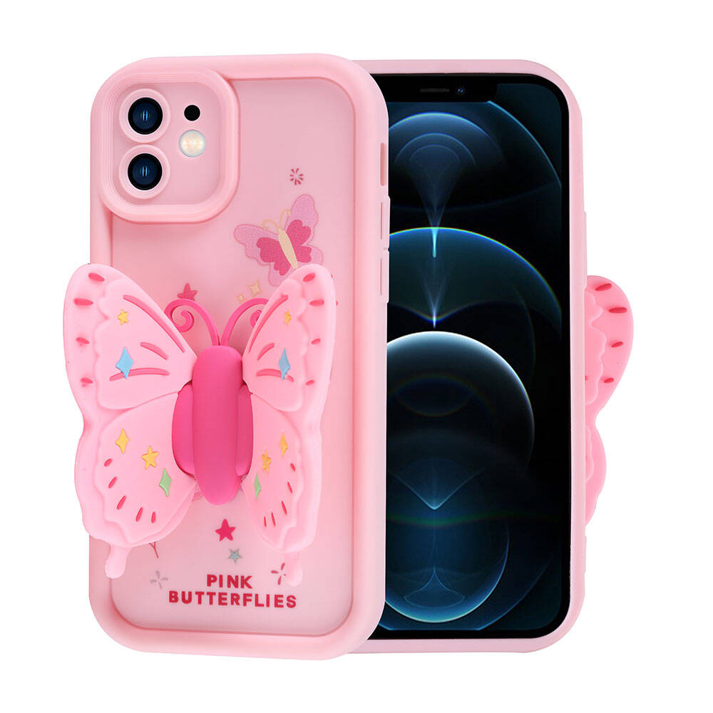 Apple iPhone 12 Kılıf Kamera Korumalı Figür Tasarımlı Zore Kapya Kapak Pembe Koyu