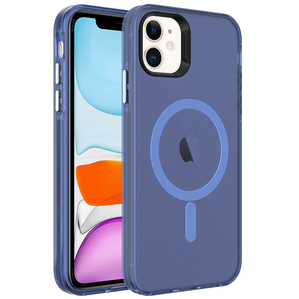 Apple iPhone 12 Kılıf Zore M-safe Şarj Özellikli Buzlu Transparan C-Pro Sert Kapak Lacivert