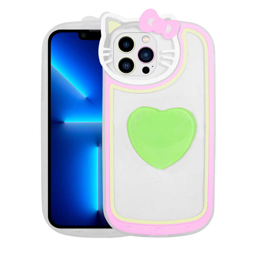 Apple iPhone 12 Pro Kılıf Kedi Figürlü Transparan Pop Soketli Zore Ritmik Kapak Yeşil