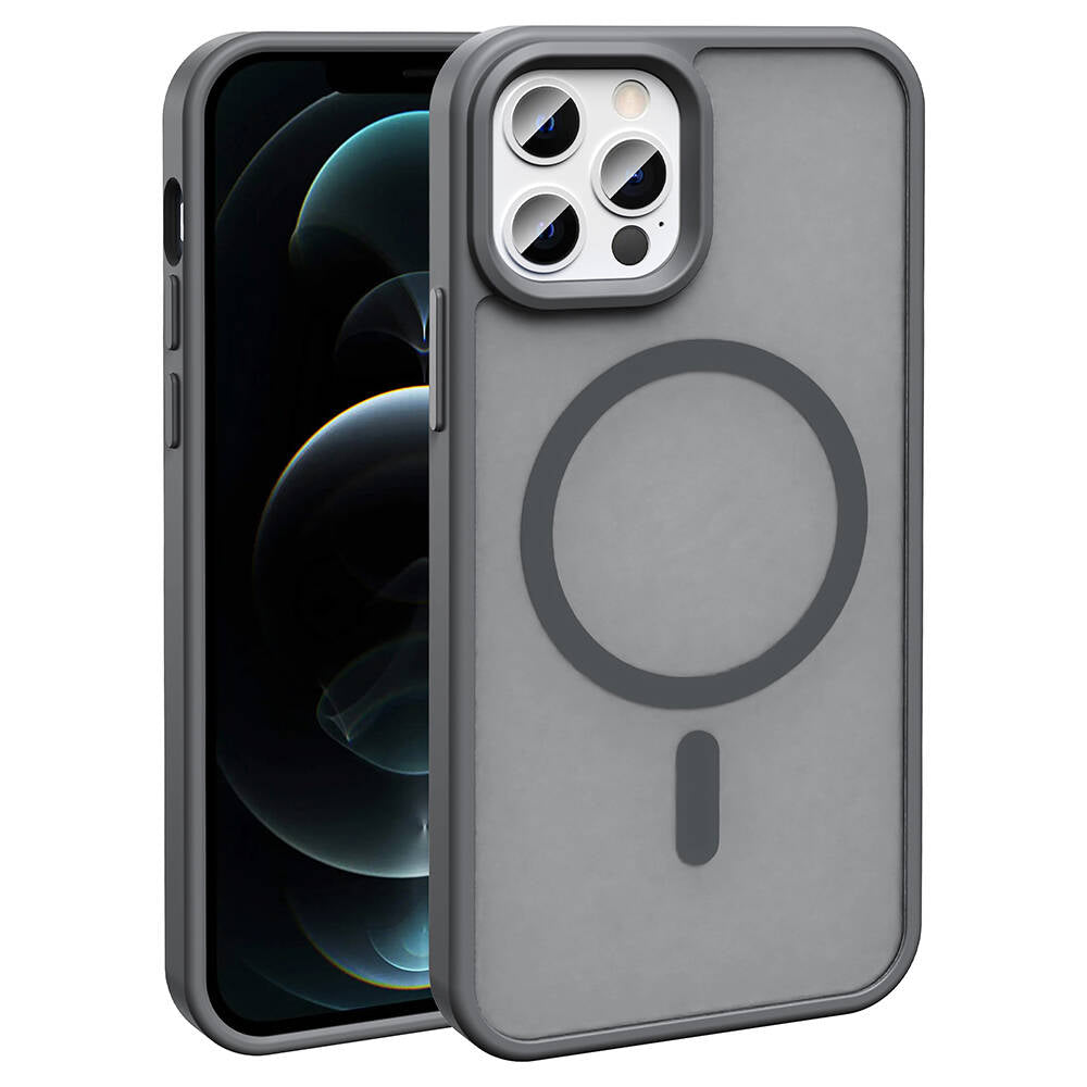 Apple iPhone 12 Pro Kılıf M-safe Şarj Özellikli Mat Arka Yüzey Zore Sio Kapak Gri