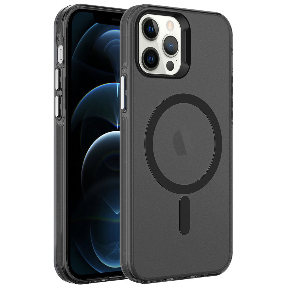 Apple iPhone 12 Pro Max Kılıf Zore M-safe Şarj Özellikli Buzlu Transparan C-Pro Sert Kapak Siyah