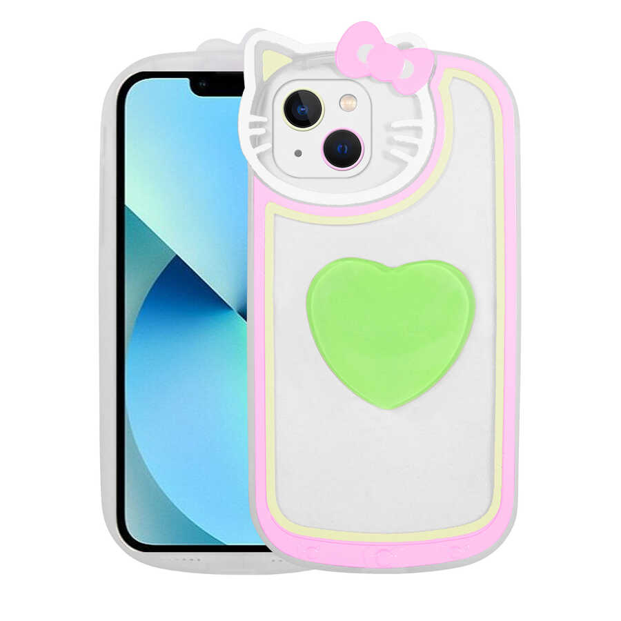 Apple iPhone 13 Kılıf Kedi Figürlü Transparan Pop Soketli Zore Ritmik Kapak Yeşil