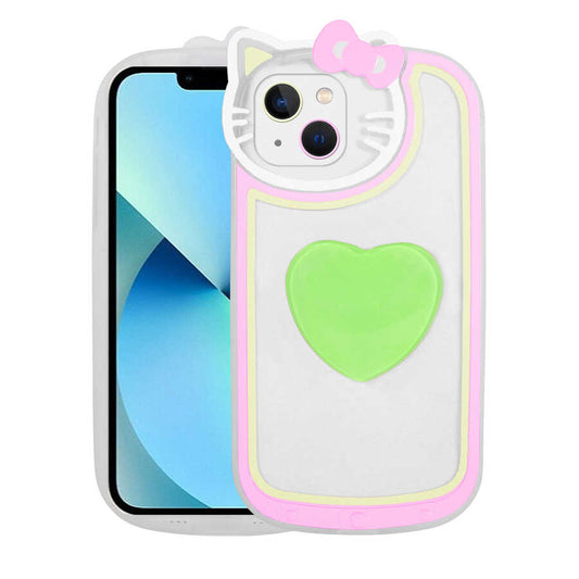 Apple iPhone 13 Kılıf Kedi Figürlü Transparan Pop Soketli Zore Ritmik Kapak Yeşil